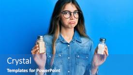  Presentation with woman crying - Cool new PPT theme with young-caucasian-woman-holding-salt backdrop and a teal colored foreground