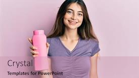  Presentation with shampoo - Cool new PPT theme with young-caucasian-woman-holding-shampoo backdrop and a coral colored foreground