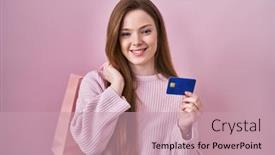  Presentation with credit card - Presentation theme consisting of young-caucasian-woman-holding-shopping background and a coral colored foreground