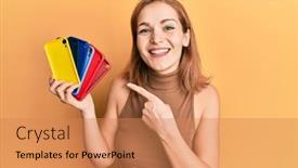  Presentation with smartphone - Presentation design featuring young-caucasian-woman-holding-smartphone background and a coral colored foreground