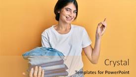  Presentation with jeans - Colorful presentation design enhanced with young-caucasian-woman-holding-stack backdrop and a yellow colored foreground