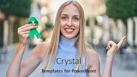  Presentation with ribbon green - PPT layouts having young-caucasian-woman-holding-support background and a light blue colored foreground