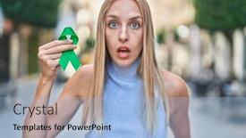  Presentation with ribbon green - Slide set having young-caucasian-woman-holding-support background and a light blue colored foreground