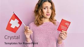  Presentation with passport - PPT theme enhanced with young-caucasian-woman-holding-swiss background and a soft green colored foreground