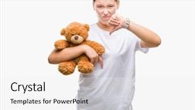  Presentation with teddy bear - Beautiful PPT theme featuring young caucasian woman holding teddy backdrop and a white colored foreground