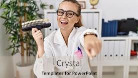  Presentation with teeth whitening - Presentation featuring young-caucasian-woman-holding-teeth background and a mint green colored foreground