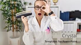  Presentation with teeth whitening - Presentation featuring young-caucasian-woman-holding-teeth background and a light gray colored foreground