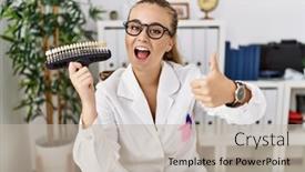  Presentation with teeth whitening - PPT theme consisting of young-caucasian-woman-holding-teeth background and a mint green colored foreground