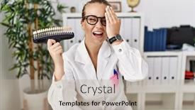  Presentation with teeth whitening - Presentation theme having young-caucasian-woman-holding-teeth background and a  colored foreground