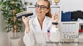  Presentation with teeth whitening - Slide set having young-caucasian-woman-holding-teeth background and a soft green colored foreground