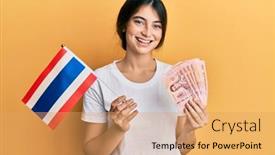  Presentation with thailand - Presentation design consisting of young-caucasian-woman-holding-thailand background and a yellow colored foreground