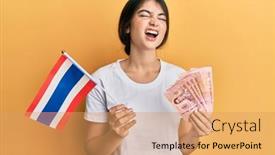 Presentation with thailand - Presentation design consisting of young-caucasian-woman-holding-thailand background and a coral colored foreground