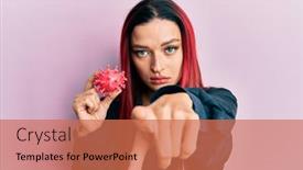  Presentation with virus - PPT theme enhanced with young-caucasian-woman-holding-virus background and a coral colored foreground