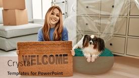  Presentation with welcome - Presentation with young-caucasian-woman-holding-welcome background and a coral colored foreground