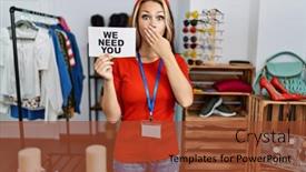  Presentation with hiring - Presentation design featuring young-caucasian-woman-holding background and a tawny brown colored foreground