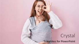  Presentation with happy baby - Slides featuring young-caucasian-woman-holding background and a soft green colored foreground