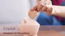  Presentation with piggy bank - Slide deck consisting of young-caucasian-woman-inserting-uniswap background and a coral colored foreground