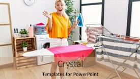  Presentation with ironing - Presentation design with young-caucasian-woman-ironing-clothes background and a coral colored foreground