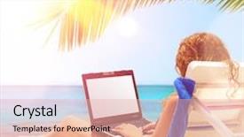  Presentation with internet surfing - PPT layouts having young caucasian woman is surfing internet with the notebook at sunset beach laptop display is cut with clipping path background and a lemonade colored foreground