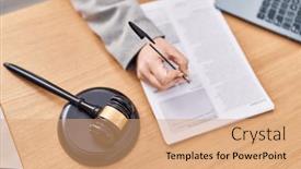  Presentation with lawyer - PPT theme consisting of young-caucasian-woman-lawyer-using background and a coral colored foreground