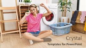  Presentation with listening woman - Presentation design having young-caucasian-woman-listening background and a lemonade colored foreground