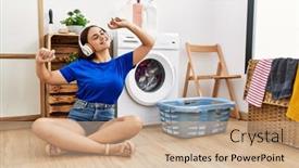  Presentation with listening woman - Presentation with young-caucasian-woman-listening background and a  colored foreground