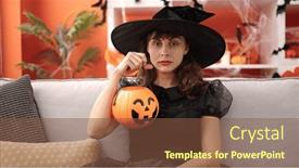  Presentation with costume - PPT theme featuring young-caucasian-woman-looking-serious background and a tawny brown colored foreground