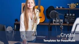  Presentation with music studio - Presentation theme consisting of young-caucasian-woman-musician-composing background and a  colored foreground