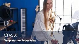  Presentation with trumpet - Slide set enhanced with young-caucasian-woman-musician-composing background and a navy blue colored foreground