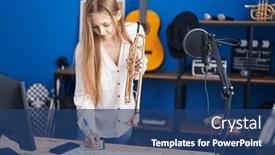 Presentation with trumpet - Presentation theme with young-caucasian-woman-musician-composing background and a ocean colored foreground