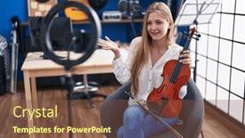  Presentation with music studio - Slide set with young-caucasian-woman-musician-having background and a tawny brown colored foreground