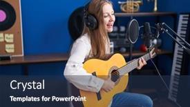  Presentation with classical music - Presentation design consisting of young-caucasian-woman-musician-singing background and a navy blue colored foreground