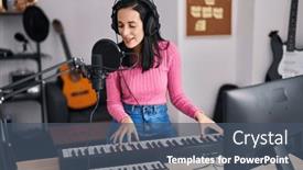  Presentation with music singing - PPT layouts having young-caucasian-woman-musician-singing background and a ocean colored foreground