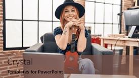  Presentation with ukulele - Presentation with young-caucasian-woman-musician-smiling background and a violet colored foreground