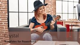  Presentation with ukulele - PPT theme enhanced with young-caucasian-woman-musician-smiling background and a violet colored foreground