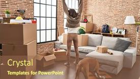  Presentation with new home - Slide set consisting of young-caucasian-woman-on-back background and a tawny brown colored foreground