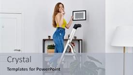  Presentation with stairs - Slides having young-caucasian-woman-on-stairs background and a light gray colored foreground