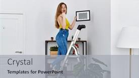  Presentation with stairs - PPT theme consisting of young-caucasian-woman-on-stairs background and a  colored foreground