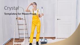  Presentation with far away - PPT theme with young-caucasian-woman-painting-walls background and a light gray colored foreground