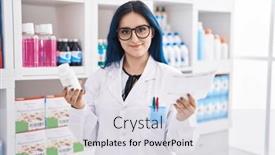  Presentation with prescription - PPT theme having young-caucasian-woman-pharmacist-holding background and a sky blue colored foreground