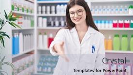  Presentation with shake hand - PPT theme enhanced with young-caucasian-woman-pharmacist-smiling background and a light gray colored foreground