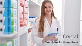 Presentation with pharmacy - Slide deck having young-caucasian-woman-pharmacist-using background and a light gray colored foreground