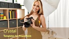  Presentation with professional audio studio - Presentation theme with young-caucasian-woman-photographer-holding background and a tawny brown colored foreground