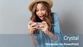  Presentation with photo - Audience pleasing PPT theme consisting of young caucasian woman play game backdrop and a ocean colored foreground