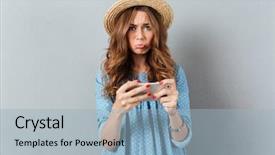  Presentation with sad woman - Presentation theme having young caucasian woman play games background and a light blue colored foreground