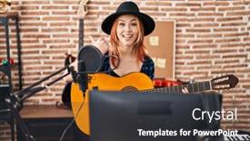  Presentation with music classic - Slide deck enhanced with young-caucasian-woman-playing-classic background and a  colored foreground