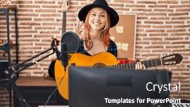  Presentation with music classic - PPT layouts enhanced with young-caucasian-woman-playing-classic background and a dark gray colored foreground