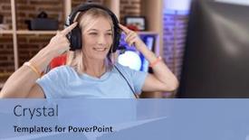  Presentation with great idea - PPT theme having young-caucasian-woman-playing-video background and a  colored foreground