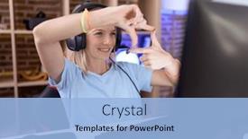  Presentation with creativity - PPT theme having young-caucasian-woman-playing-video background and a light blue colored foreground