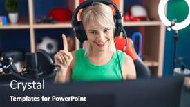  Presentation with video games playing - Presentation enhanced with young-caucasian-woman-playing-video background and a tawny brown colored foreground